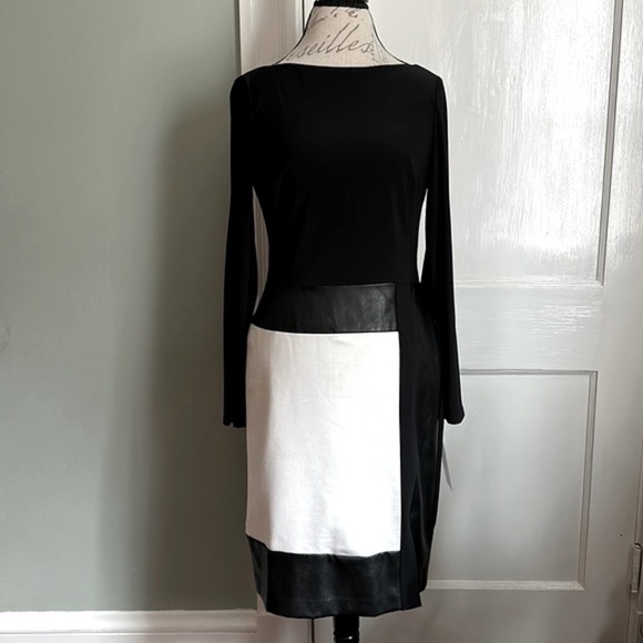 Lauren RALPH LAUREN Long Sleeve Mixed Media Sheath Dress - Pearl White and Black - Picture 1 of 16